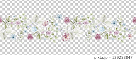 Seamless Watercolor Floral Border With Small Flowers Seamless Watercolor Floral Border With Small Flowers 129258847