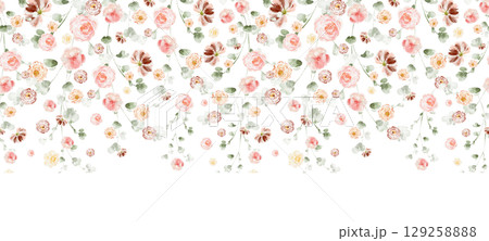 Seamless Watercolor Floral Border With Pink Flowers 129258888