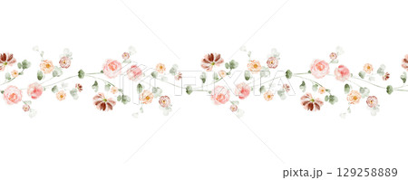 Seamless Watercolor Floral Border With Pink Flowers 129258889