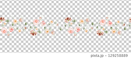 Seamless Watercolor Floral Border With Pink Flowers 129258889