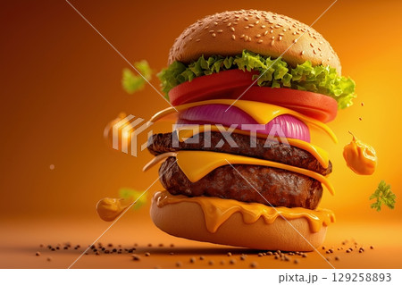 Vibrantly Layered Cheeseburger with Fresh Ingredients and Rich Colors on a Warm Background 129258893