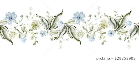 Seamless Watercolor Floral Border With Blue Flowers 129258905