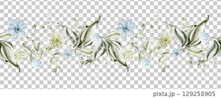 Seamless Watercolor Floral Border With Blue Flowers 129258905