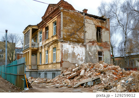 Ruined houses street after war. Neural network generated image. Ruined houses street after war. Neural network generated image. 129259012