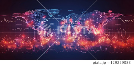 A world map surrounded by graphs and lines in various shades of purple and blue A world map surrounded by graphs and lines in various shades of purple and blue 129259088