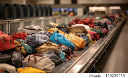 Travelers luggage moves along a conveyor belt at the airport 129259089