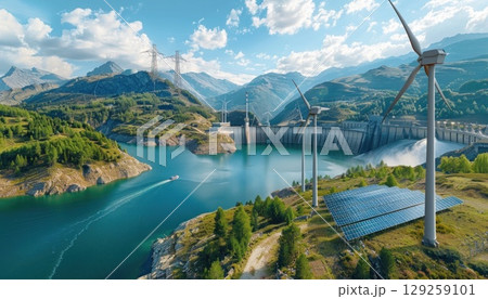 Wind turbines and solar panels near a lake, under a cloudy sky 129259101