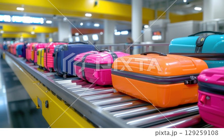 Colorful suitcases travel on conveyor belt at airport 129259108