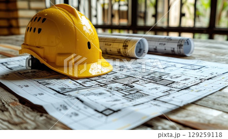 Yellow helmet on blueprint, wood table PPE for road work 129259118