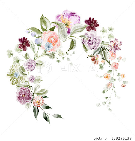 Watercolor Floral Wreath With Large Multicolored Flower Buds 129259135