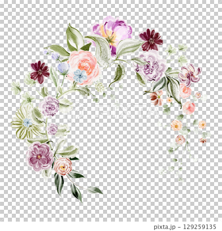 Watercolor Floral Wreath With Large Multicolored Flower Buds 129259135