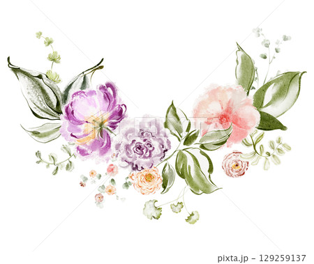 Floral Watercolor Garland With Roses And Peonies 129259137