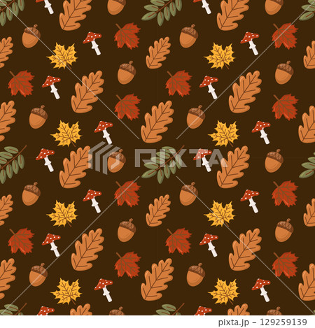 Seamless fall pattern with acorns, mushrooms, oak leaves. Autumn digital paper. Cartoon vector background. 129259139