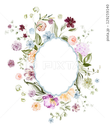 Watercolor Oval Floral Frame With Small Mixed Flowers 129259140