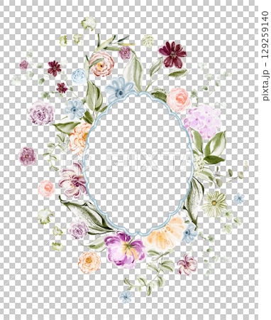 Watercolor Oval Floral Frame With Small Mixed Flowers 129259140