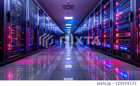 Data center with magenta light on servers, creating symmetry in the building 129259172