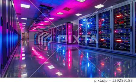 Server room with vibrant purple and electric blue lights for visual effect Server room with vibrant purple and electric blue lights for visual effect 129259188