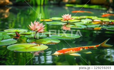 Lake with lotus flowers and aquatic organisms like fish among water lilies 129259203