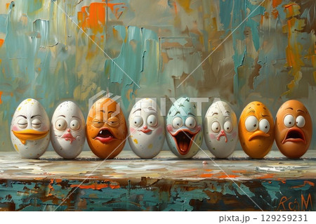A row of eggs with painted faces in a happy and artistic still life collection 129259231