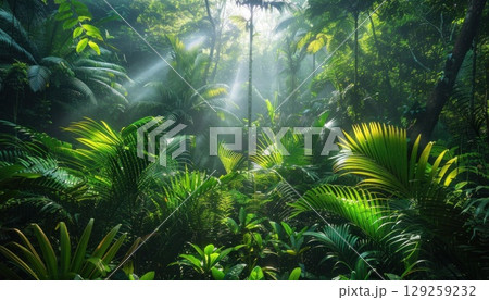 Sun rays filtering through jungle trees creating natural landscape 129259232