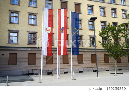 The flags of Tyrol region, Austria and European Union 129259250