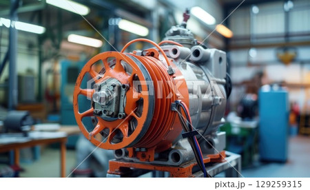 Close up of a machine in a factory assembling automotive tire onto rim Close up of a machine in a factory assembling automotive tire onto rim 129259315