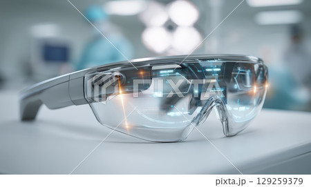 High-Tech Smart Glasses on a Table in a Modern Medical Environment 129259379