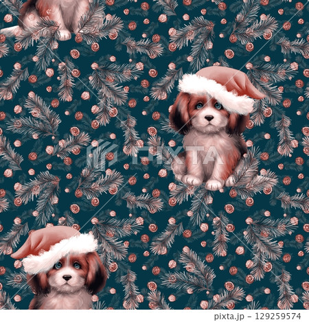 Seamless pattern featuring adorable puppies in Santa hats with pine branches and cones, perfect for Christmas decor 129259574
