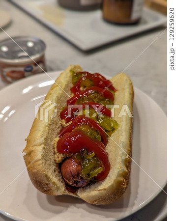 hot dog on a plate ready to eat 129259620