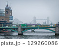 Foggy cityscape of London from Thames river 129260086