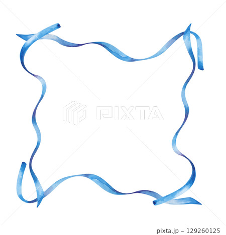 A frame of four flowing blue ribbons, hand-drawn. The watercolor illustration is isolated on a white background. A template made of thin ribbons with space for text. For birthday, anniversary, wedding 129260125