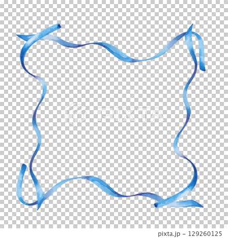A frame of four flowing blue ribbons, hand-drawn. The watercolor illustration is isolated on a white background. A template made of thin ribbons with space for text. For birthday, anniversary, wedding 129260125
