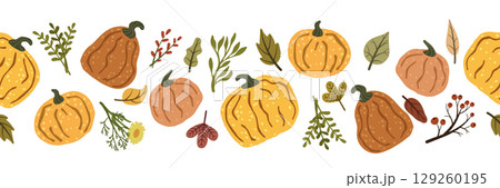 Seamless pattern with pumpkins, leaves and branches celebrating autumn vibes Seamless pattern with pumpkins, leaves and branches celebrating autumn vibes 129260195