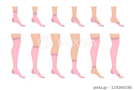 Different types of pink socks and stockings on feet and legs 129260198