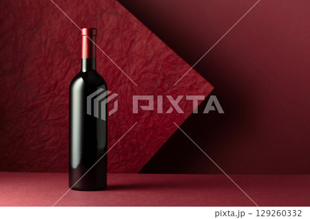 Bottle of red wine on a red background. 129260332