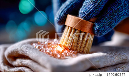 A gloved hand uses a natural bristle brush to clean small glimmering gemstones on soft fabric, illuminated by warm light in a detailed macro scene 129260373