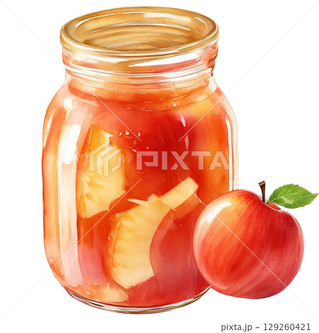 Rustic jar of homemade apple jam painted in warm watercolor tones, isolated on a white background. Golden syrup and fruit chunks visible through glass for authentic charm Rustic jar of homemade apple jam painted in warm watercolor tones, isolated on a white background. Golden syrup and fruit chunks visible through glass for authentic charm 129260421