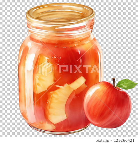 Rustic jar of homemade apple jam painted in warm watercolor tones, isolated on a white background. Golden syrup and fruit chunks visible through glass for authentic charm Rustic jar of homemade apple jam painted in warm watercolor tones, isolated on a white background. Golden syrup and fruit chunks visible through glass for authentic charm 129260421