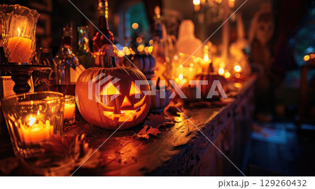 Haunted bar decoration with creatively carved pumpkins placed along the bartop, alternating with bottles and draped in cobweb-style garlands 129260432
