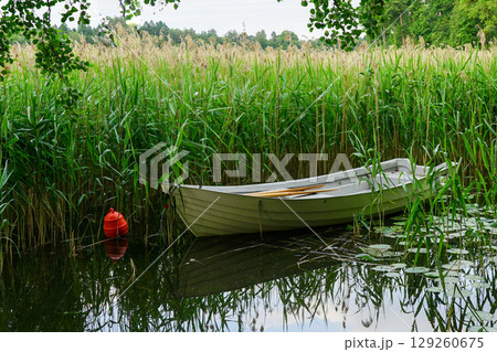Rowboat Moored in Reeds on Calm Lake with Reflections and Red Buoy in Peaceful Nature Landscape 129260675