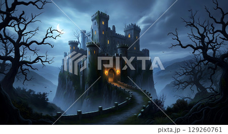 Spooky Haunted Castle on Hill at Night with Full Moon 129260761