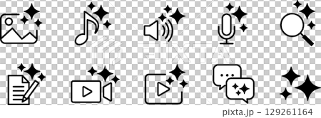 AI artificial intelligence and generation AI icons, image, video, audio, and text generation black and white 129261164