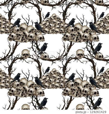 Pile of human skulls, black ravens, dry branches seamless pattern. Watercolor Illustration isolated from background. Gothic style for Day of the Dead, Halloween packaging, textile, decoration design 129261429