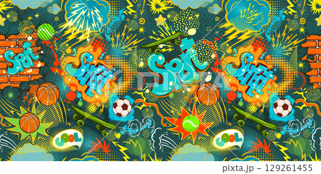 Seamless background street graffiti. hand drawing. Not AI, Vector illustration. 129261455