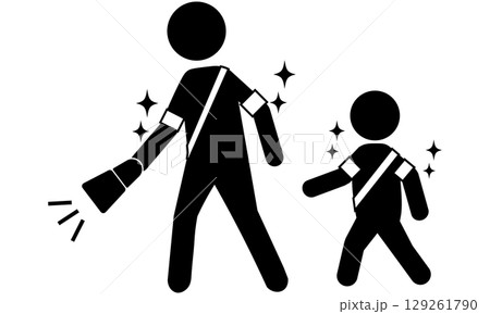 夜間に反射材とライトで安全対策をして歩く大人と子供のピクトグラム 129261790