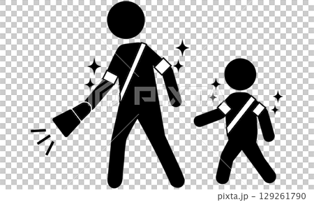 成人和兒童夜間安全行走的象形圖，帶有反光材料和燈光 129261790