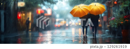 A couple with yellow umbrellas walks along a quiet, rainy street in an old town, the soft rain and blurred background creating a peaceful, relaxed ambiance in muted hues, banner 129261919