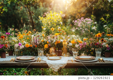 A rustic vintage table setting in a garden with mismatched antique plates, brass cutlery, and glass goblets, surrounded by wildflowers and soft sunlight, creating a cozy, nostalgic ambiance 129261921
