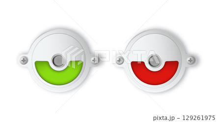 Toilet or restroom locks green and red round metal isolated on white. Occupied and Free. Regular public restroom door mechanism indicating. Vector 129261975