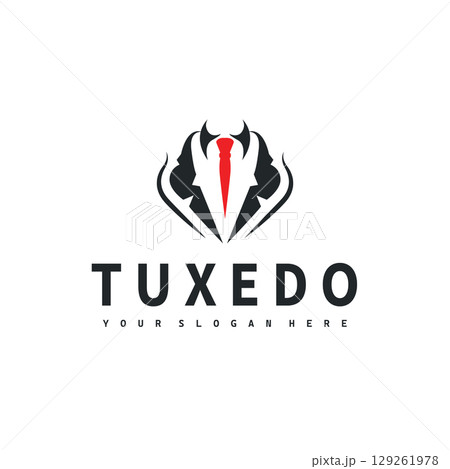 Cool and masculine tuxedo logo design for men suit black silhouette illustration minimalist and simple design for business brand, shop, poster and temple symbol 129261978